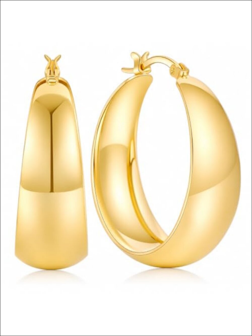 14K Gold Plated Wide Flat Hoop Earrings Snap Back Women's Jewelry